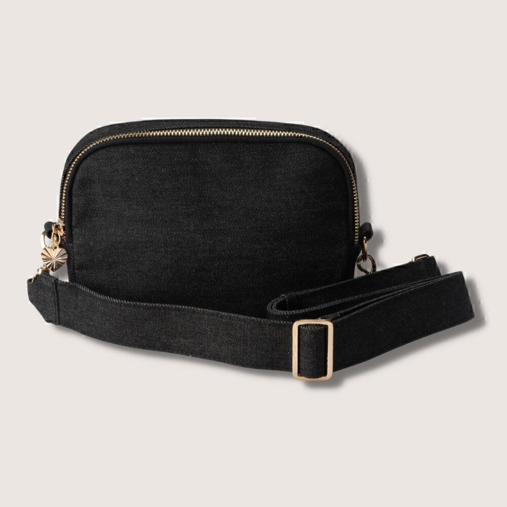 Black Denim Crossbody Chest Fanny Pack HandBag with Gold Hardware Waist Bag